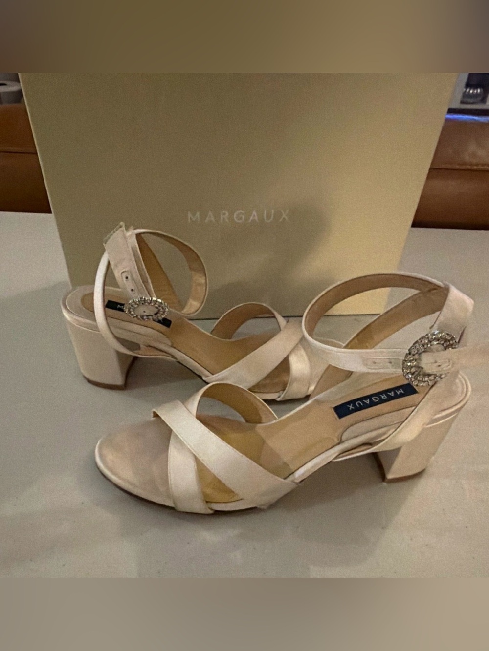 Margaux The Lena Sandal Strappy Jeweled Buckle Heels in ivory